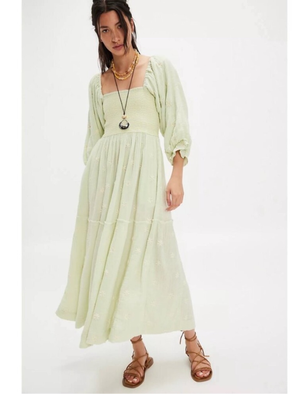 NWT Free People Dahlia Embroidered Maxi Dress Honeydew Green Large